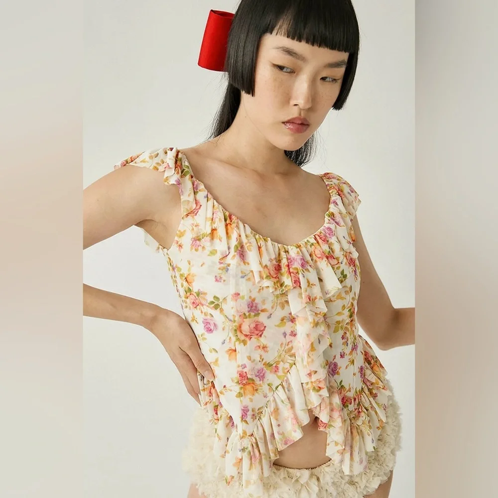 Tach NWT CASPIA FLORAL Ruffle Top Womens Size XS retails $186 - Picture 3 of 8